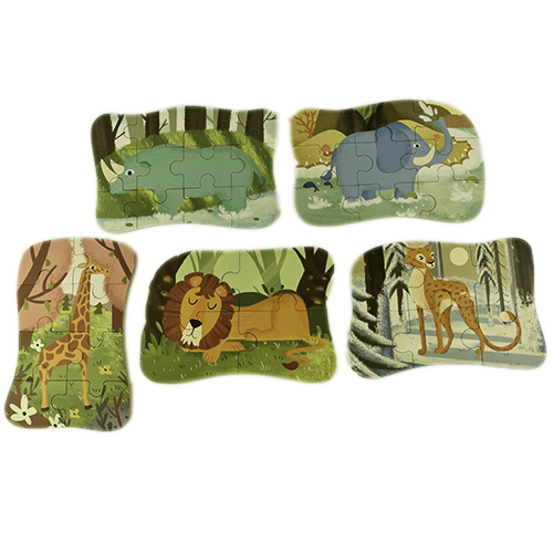 Set 5 imagini, puzzle din lemn, animale salbatice - 40 de piese