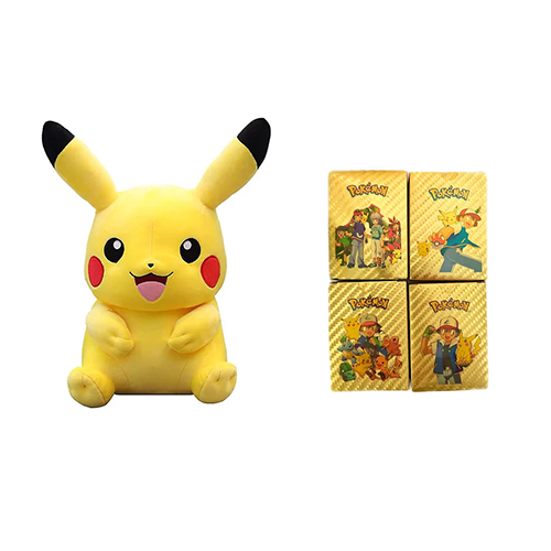 Jucarie de plus Pikachu si carti de joc gold pokemon