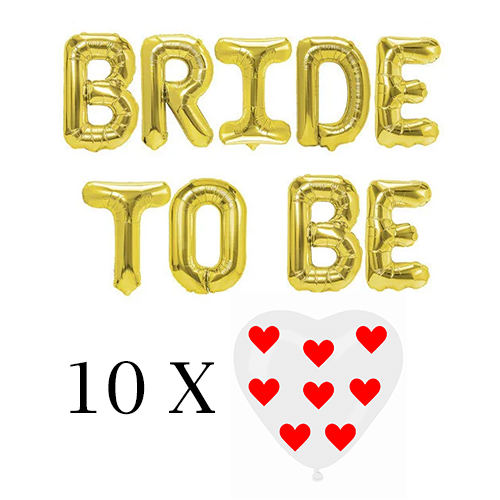 Baloane litere Bride To Be Gold si 10 inimioare