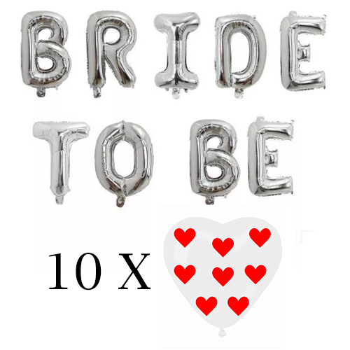 Baloane litere Bride To Be Silver si 10 inimioare